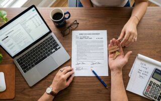 A signed home purchase agreement on a desk with the keys being handed to the buyer